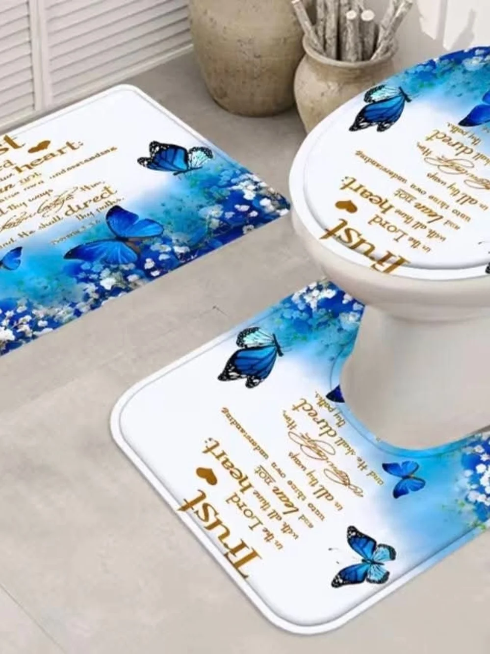 5pc Blue Butterfly 'Trust' Shower Curtain with Hooks Mats Toliet Lid Cover